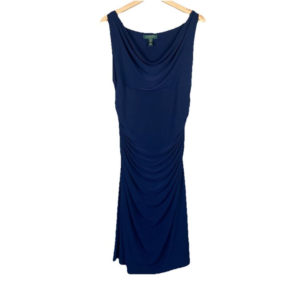 Lauren Ralph Lauren Sz 12 Dress Blue Cowl Neck Cocktail Elegant Office Stretch - Picture 1 of 10